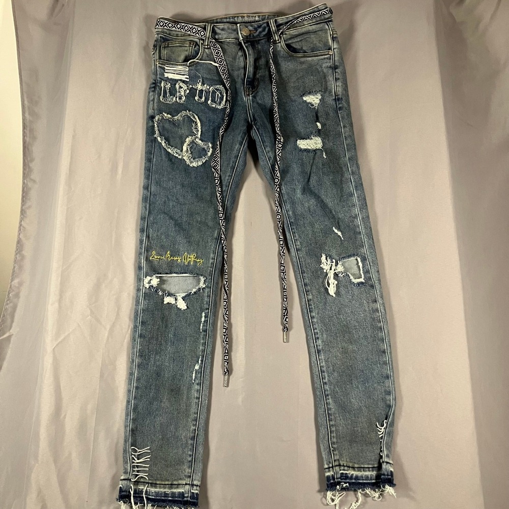 Lifted‎ Anchors Mens 32 Distressed Jeans Customized Tribal Belt LFOD Blue Denim